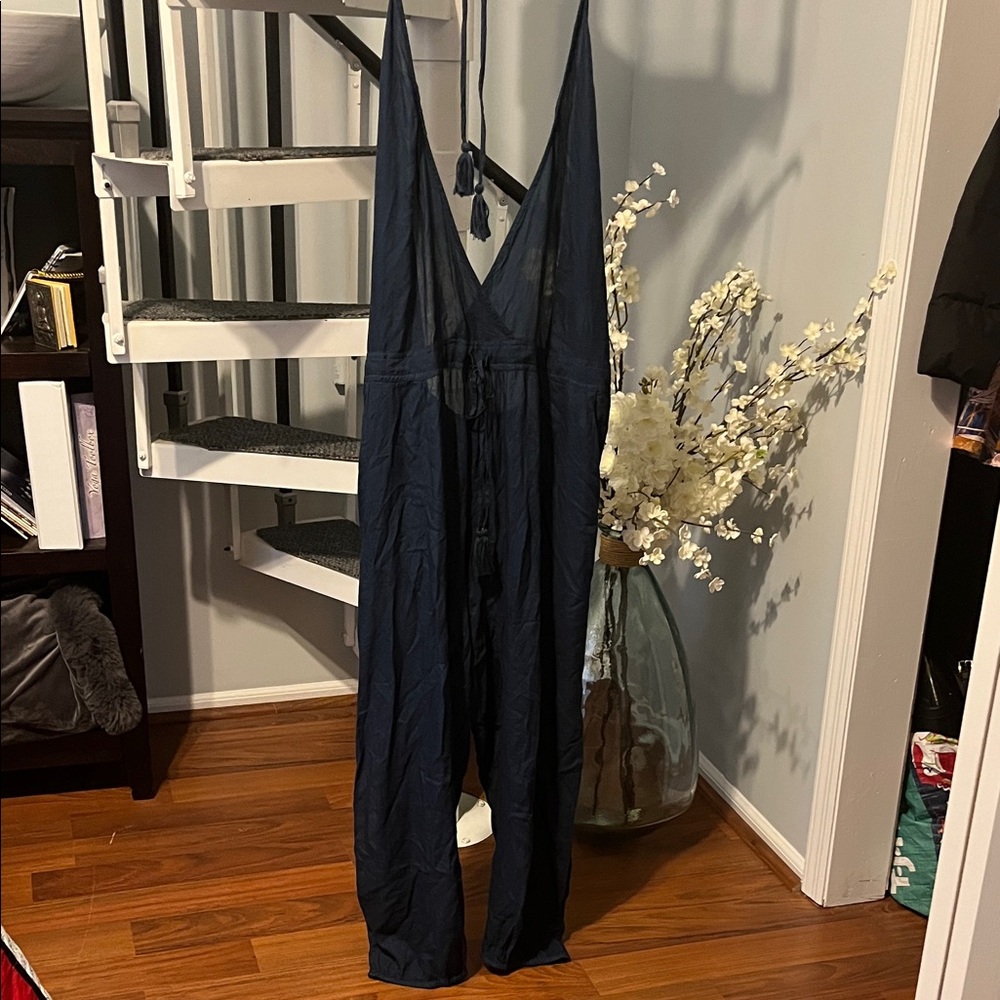 Women's Blue Jumpsuit Beach Cover-up sheer with slits